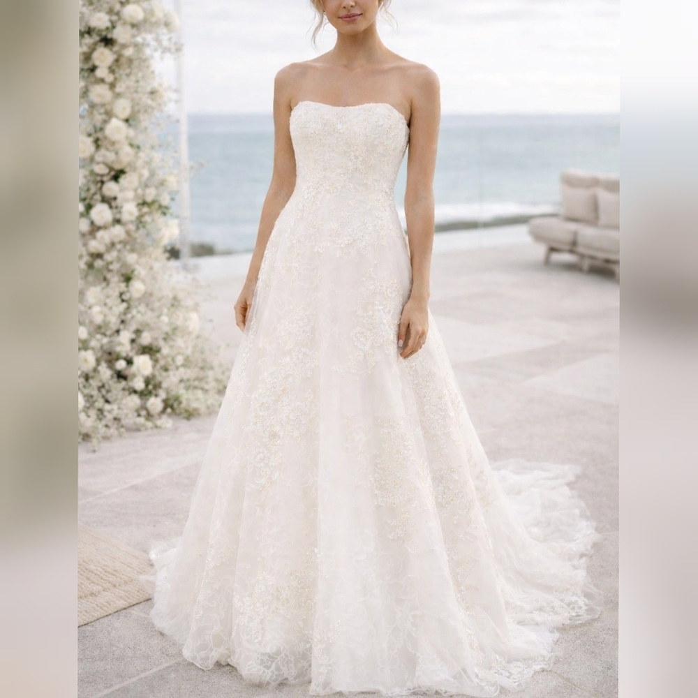 Oleg Cassini David's Style CWG408 Ivory Lace Strapless Wedding Dress sz 8